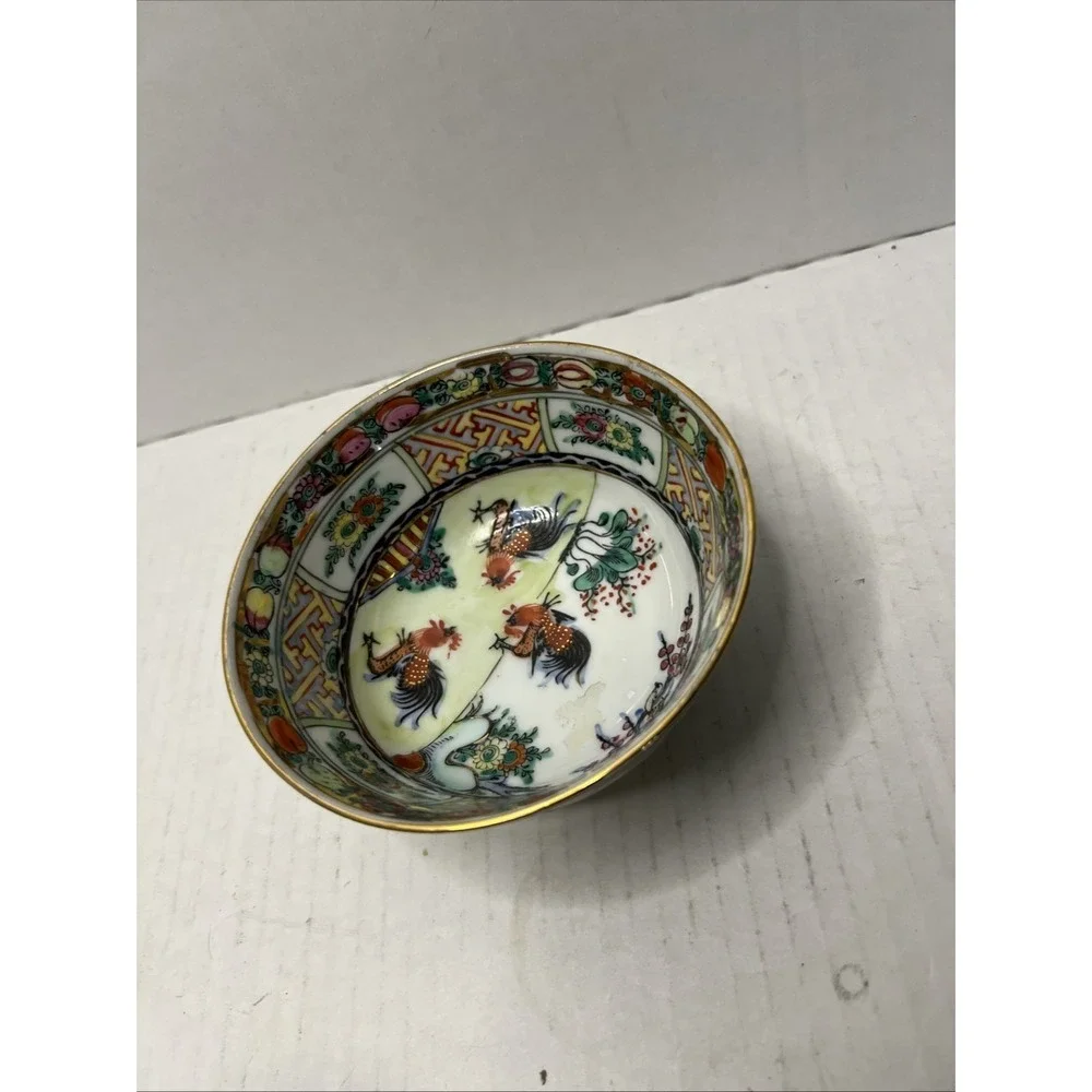 Vintage G.P. Decorated In Hong Kong Painted Bowl With Chickens